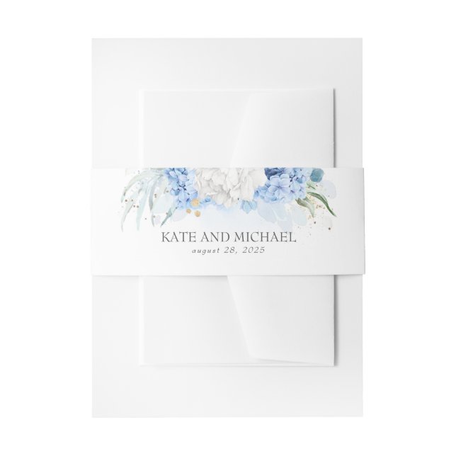 Dusty Blue and White Floral Wedding Invitation Belly Band (Front Example)