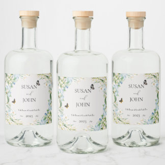 Dusty Blue and White Floral Wedding Liquor Bottle Label