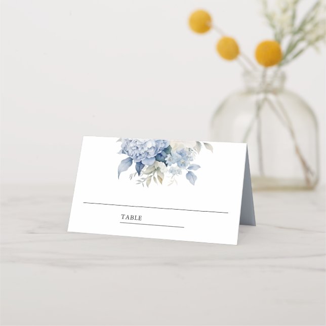 Dusty Blue and White Floral Wedding Place Card (Front)