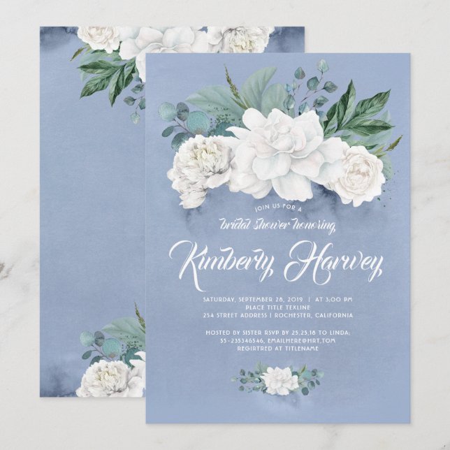 Dusty Blue and White Flowers Bridal Shower Invitation (Front/Back)