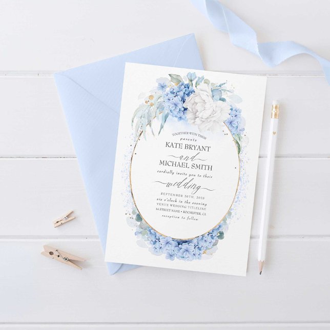 Dusty Blue and White Flowers Elegant Wedding Invitation (Dusty Blue Wedding Invitation)