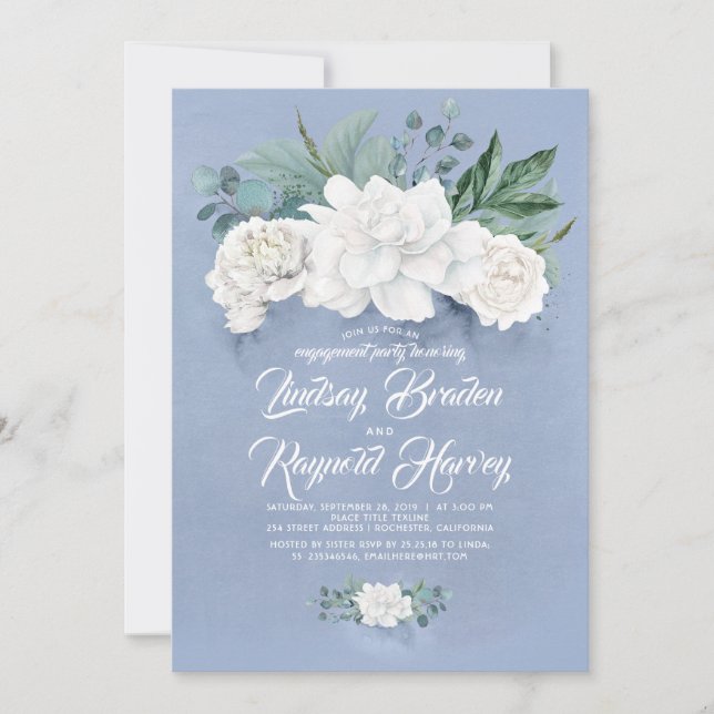Dusty Blue and White Flowers Engagement Party Invitation (Front)