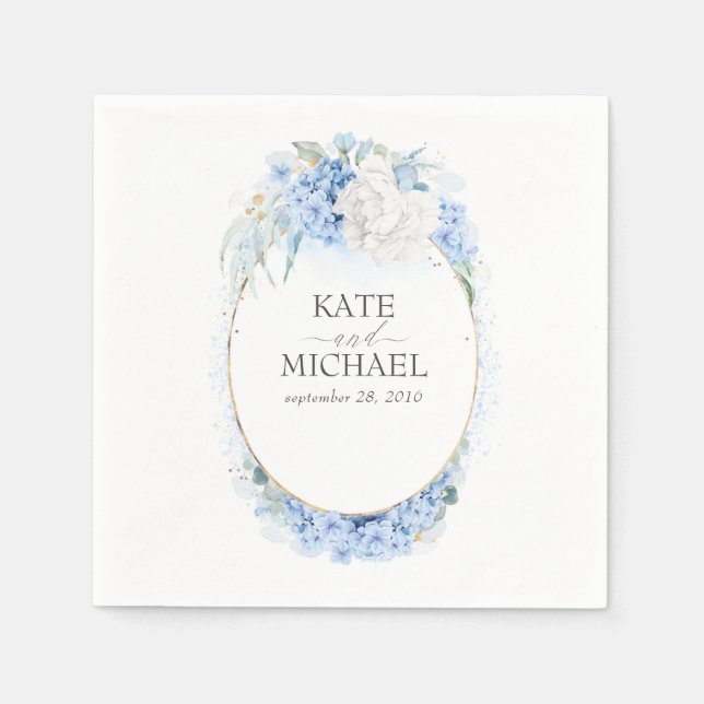 Dusty Blue and White Flowers Wedding Napkin (Front)