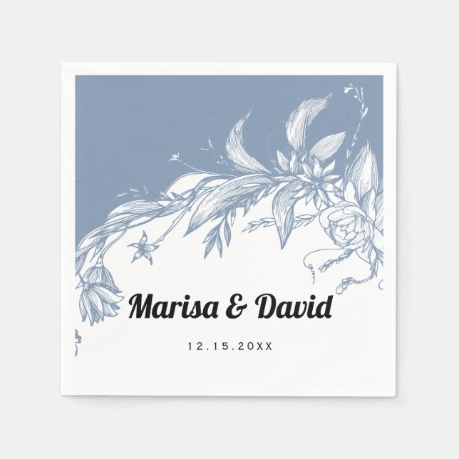 Dusty blue and white line art flowers wedding napkin (Front)