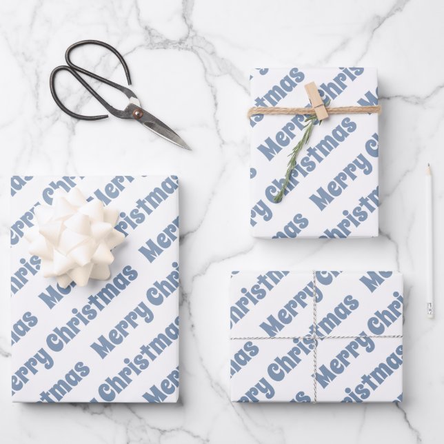 Dusty blue and white Merry Christmas holiday Wrapping Paper Sheet (Front)