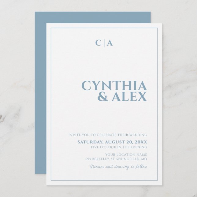 Dusty Blue and White Minimalist Wedding Invitation (Front/Back)