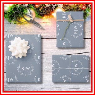 Dusty Blue and White Modern Initials Monogram Wrapping Paper Sheet