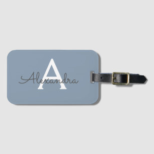 Dusty Blue and White Monogrammed Name Luggage Tag