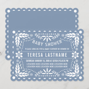 Dusty blue and white papel picado baby boy shower invitation