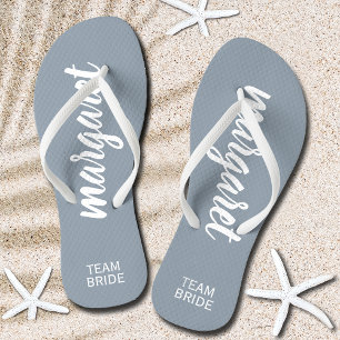 Dusty Blue and White Personalised Team Bride Flip Flops