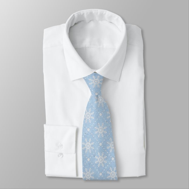 Dusty Blue and White Snowflake Christmas Tie (Tied)