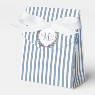 Dusty blue and white stripes monogram wedding favour box