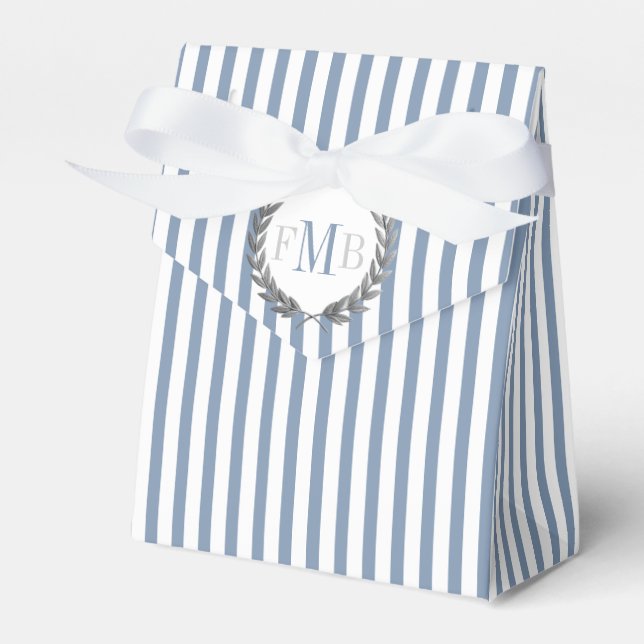 Dusty blue and white stripes monogram wedding favour box (Front Side)