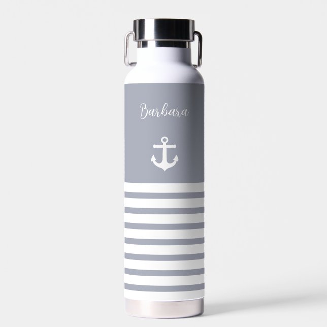 Dusty Blue and White Stripes Nautical Personalised Water Bottle (Front)