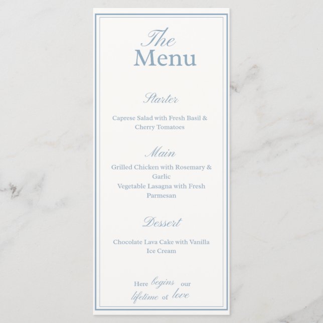 Dusty Blue and white Wedding Dinner Menu Card (Front)