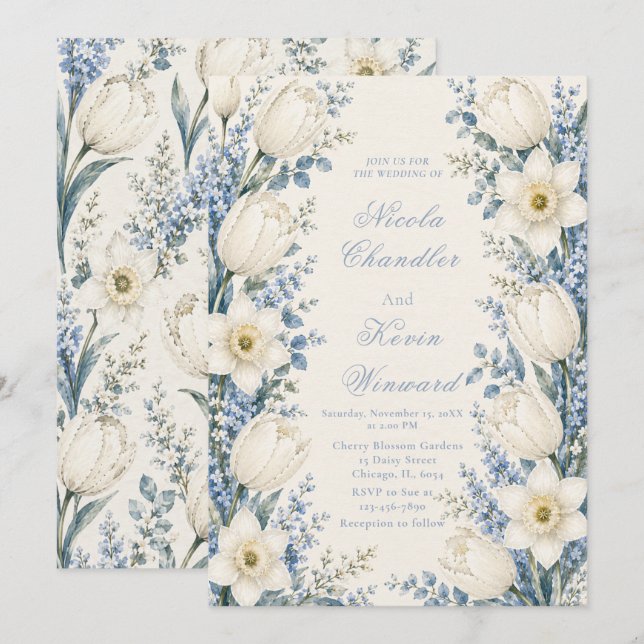 Dusty Blue and White Wedding Invitation (Front/Back)