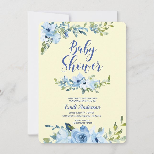 Dusty blue and yellow baby shower Invitation (Front)