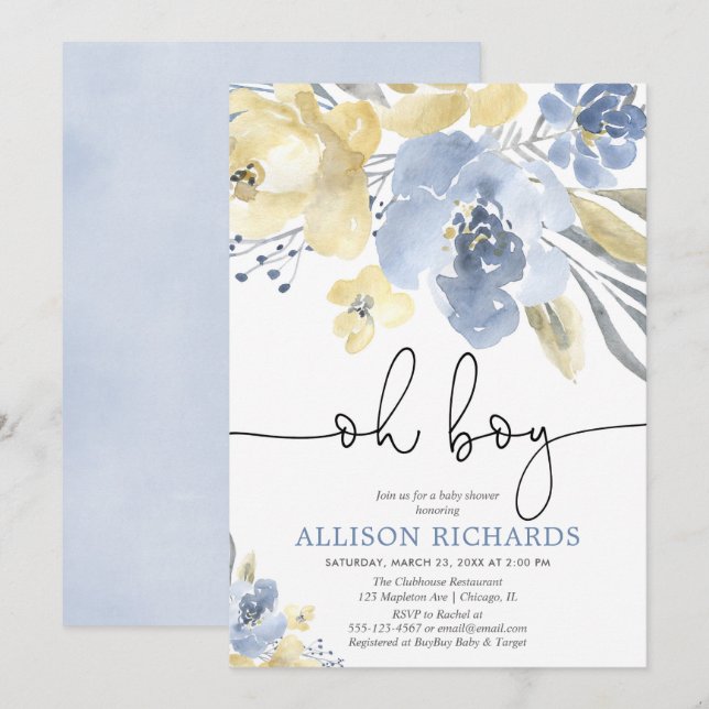 Dusty blue and yellow floral boy baby shower invitation (Front/Back)