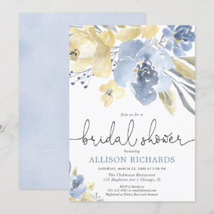 Dusty blue and yellow floral bridal shower invitation