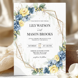 Dusty Blue and Yellow Floral Gold Frame Wedding Invitation