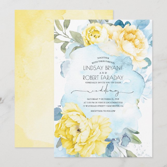 Dusty Blue and Yellow Floral Wedding Invitation (Front/Back)