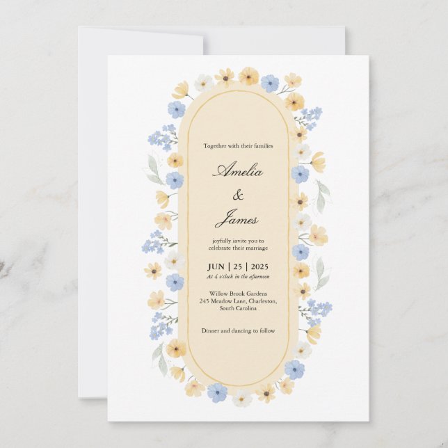 Dusty Blue and Yellow Wildflower Garden Wedding Invitation (Front)