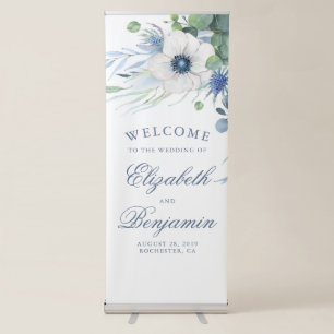 Dusty Blue Anemone and Greenery Wedding Welcome Retractable Banner