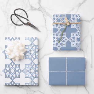 Dusty Blue Arabesque Geometric Pattern Wrapping Paper Sheet