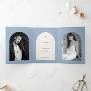 Dusty Blue Arch Modern Wedding Save the Date Tri-Fold Announcement