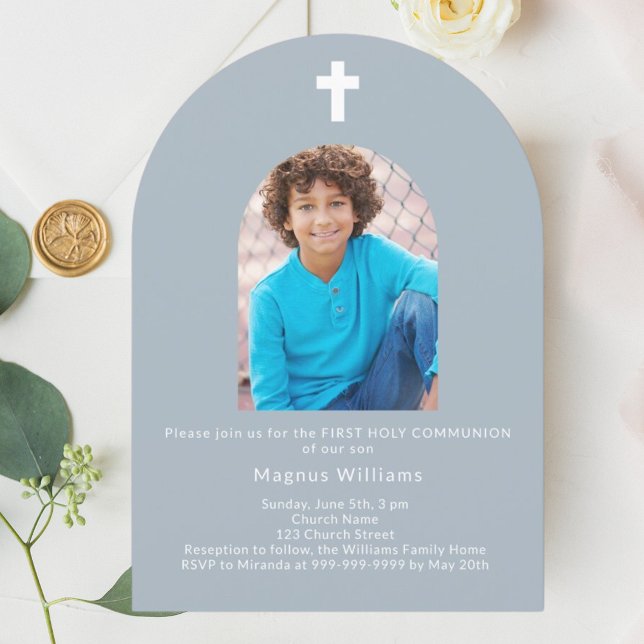 Dusty blue arch photo boy First Holy Communion  Invitation (Creator Uploaded)