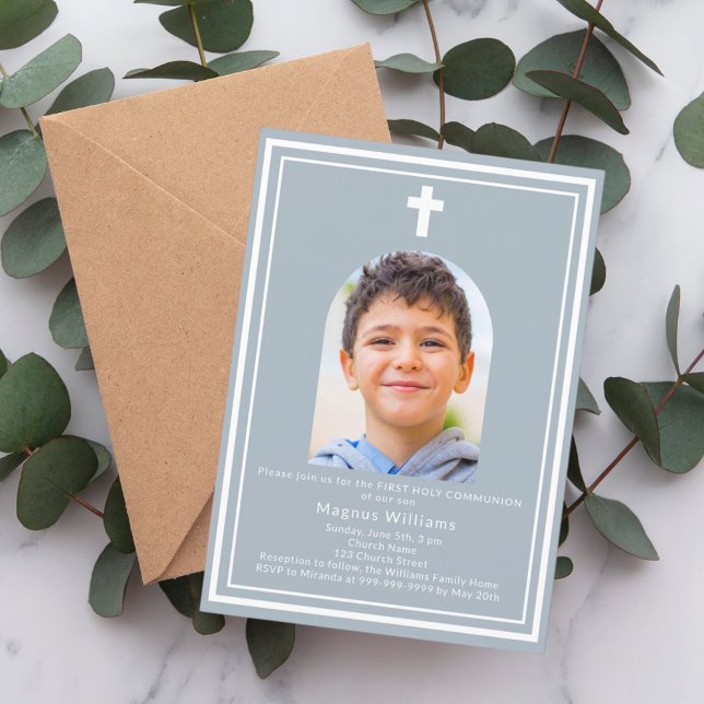 Dusty blue arch photo boy First Holy Communion Invitation (Creator Uploaded)