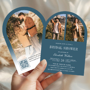 Dusty Blue Arch Photo QR Code Bridal Shower Invitation