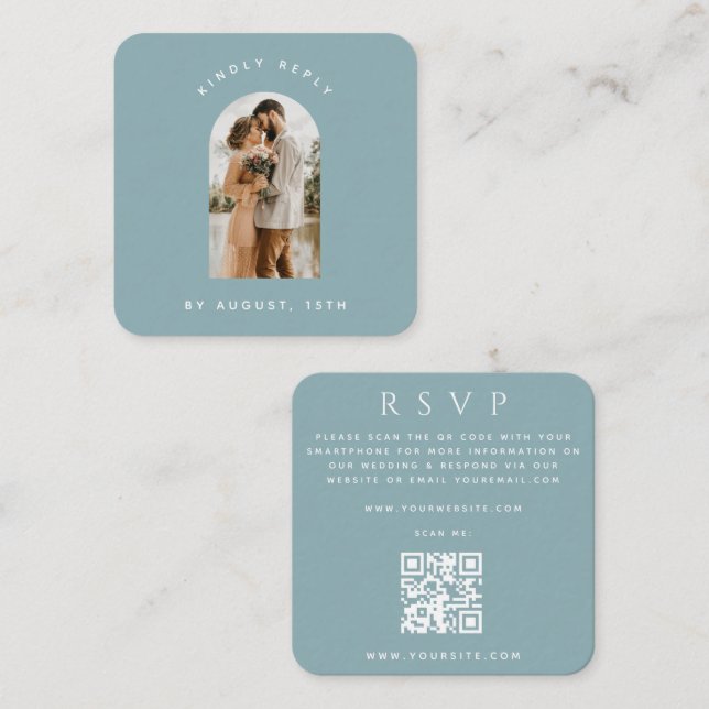 Dusty Blue Arch Photo QR Code Online Wedding RSVP Enclosure Card (Front/Back)