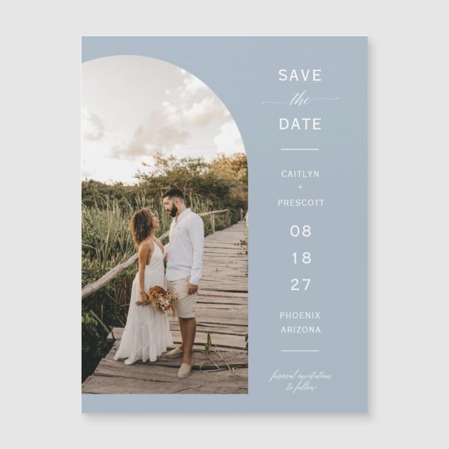 Dusty Blue Arch Photo Save the Date Magnetic Card (Front)