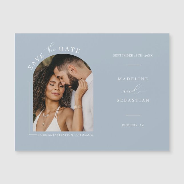 Dusty Blue Arch Photo Save the Date Magnetic Card (Front)
