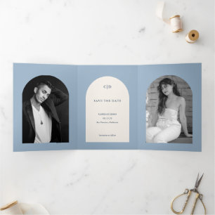 Dusty Blue Arch Photo Wedding Save the Date Tri-Fold Announcement