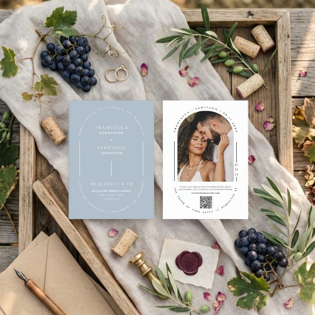 Dusty Blue Arch QR Code Boho Winter Wedding Invite (Creator Uploaded)