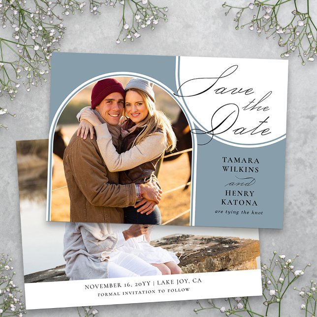 Dusty Blue Arched Photo Wedding Calligraphy Save The Date (Dusty Blue Photo Save the Date from my Wedding Colors Collection)