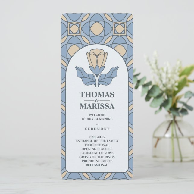 Dusty Blue Art Nouveau Wedding Program Card (Standing Front)
