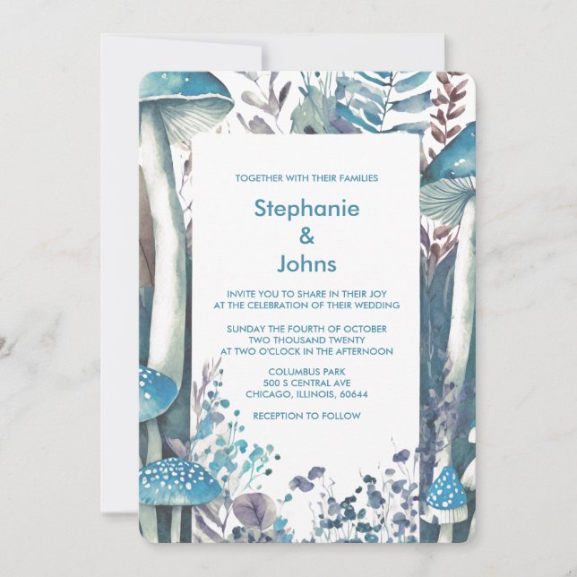 Dusty Blue Art Woodland Mushroom Elegant Wedding Invitation (Front)