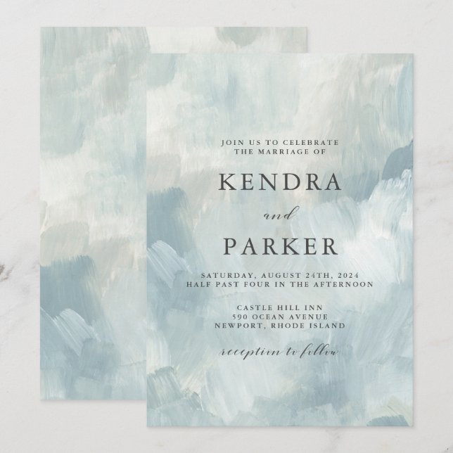 Dusty Blue Artistic Abstract Brushstrokes Wedding Invitation (Front/Back)