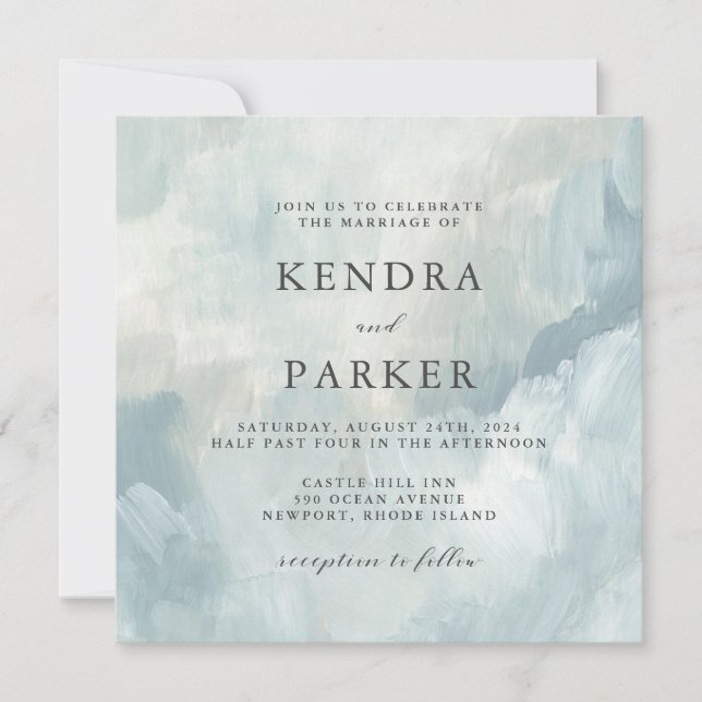 Dusty Blue Artistic Abstract Brushstrokes Wedding Invitation (Front)