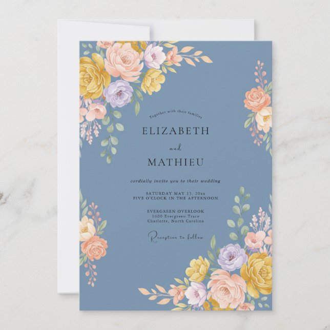 Dusty Blue Artistic Blossom Wedding Invitation (Front)