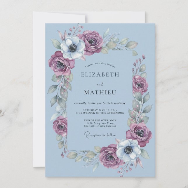 Dusty Blue Artistic Floral Wedding Invitation (Front)