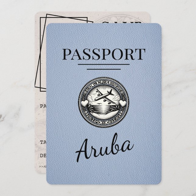 Dusty Blue Aruba Passport Save The Date (Front/Back)