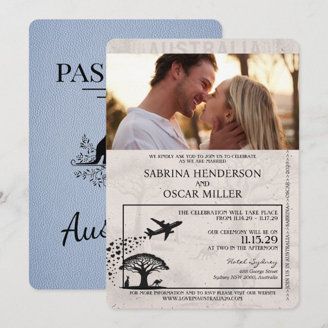 Dusty Blue Australia Passport Wedding Invitation (Front/Back)
