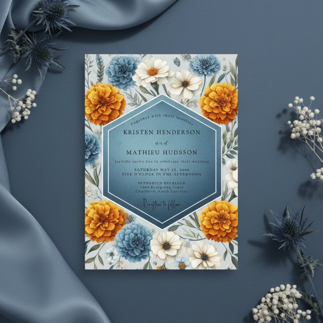 Dusty Blue Autumn Bloom Wedding Invitation (Creator Uploaded)