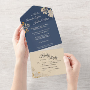 Dusty Blue Autumn Boho Wedding All In One Invitation