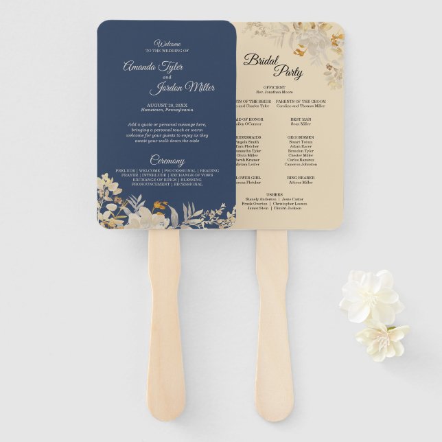 Dusty Blue Autumn Boho Wedding Program Hand Fan (Front and Back)