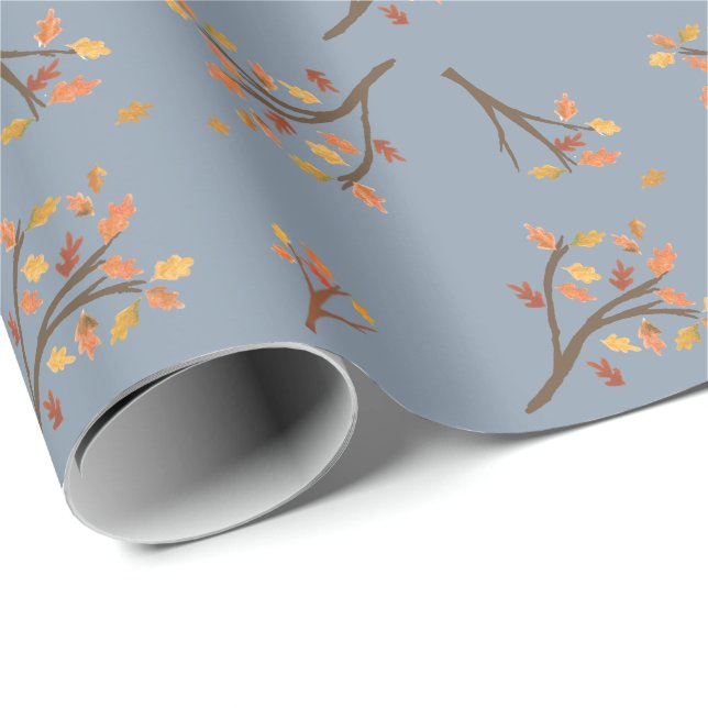 Dusty Blue Autumn Branch Leaves Fall  Wrapping Paper (Roll Corner)